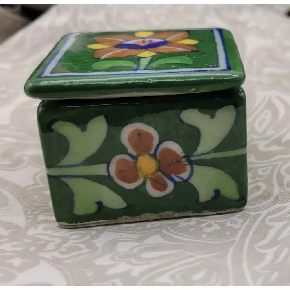 Vintage Ceramic Talavera Green Floral Hand Painted Jewlery Trinket Box, Wedding